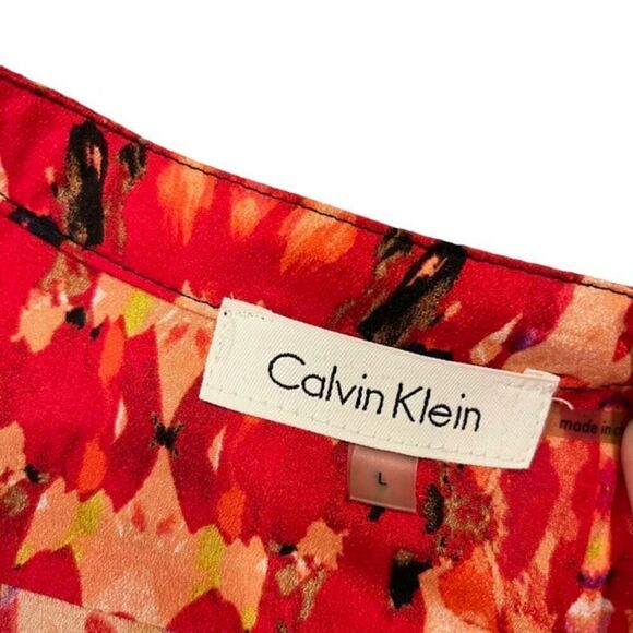 Calvin Klein Button Front Top Silky Abstract Artsy Black Blue Red Size Large - Picture 9 of 13
